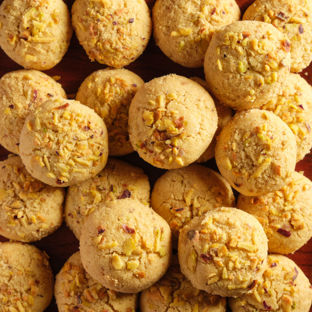 Close-up of Classic Nankhatai, freshly baked Indian shortbread cookies