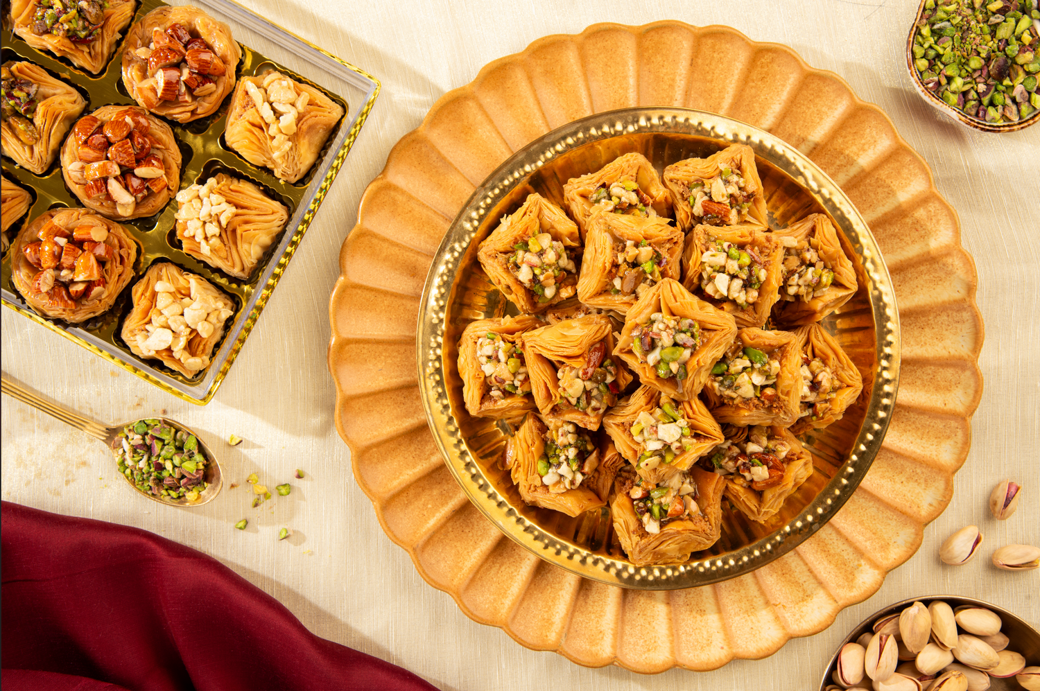 Display of assorted Baklava at Dadu's store, showcasing the rich and varied selection of Middle Eastern desserts.